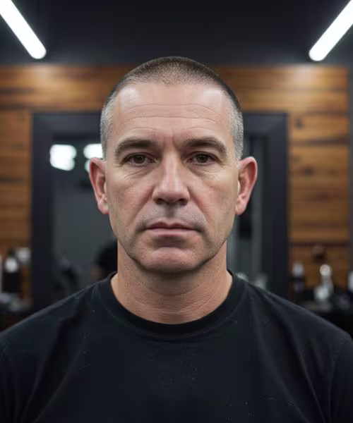 Homem com corte raspado moderno e limpo realizado na Barbearia 87